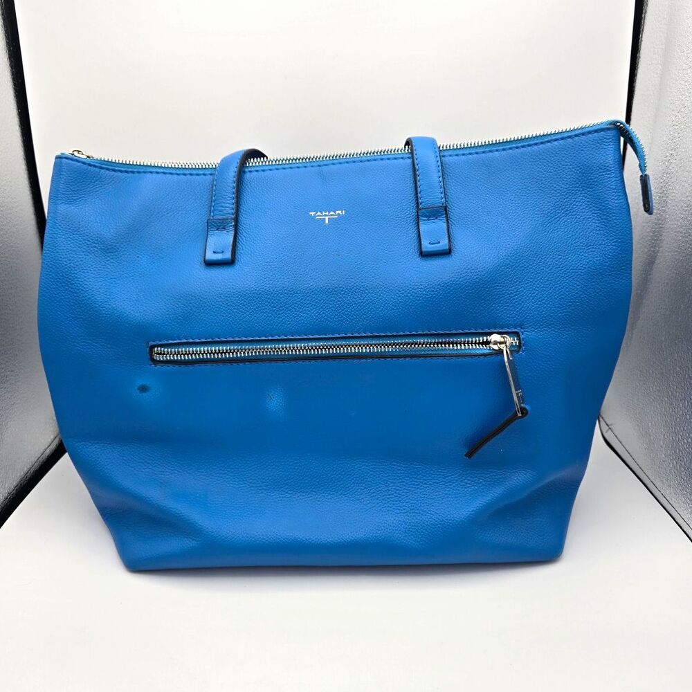 T Tahari Cobalt Blue Pebbled Leather Tote Handbag Shoulder Bag Zipper Pockets